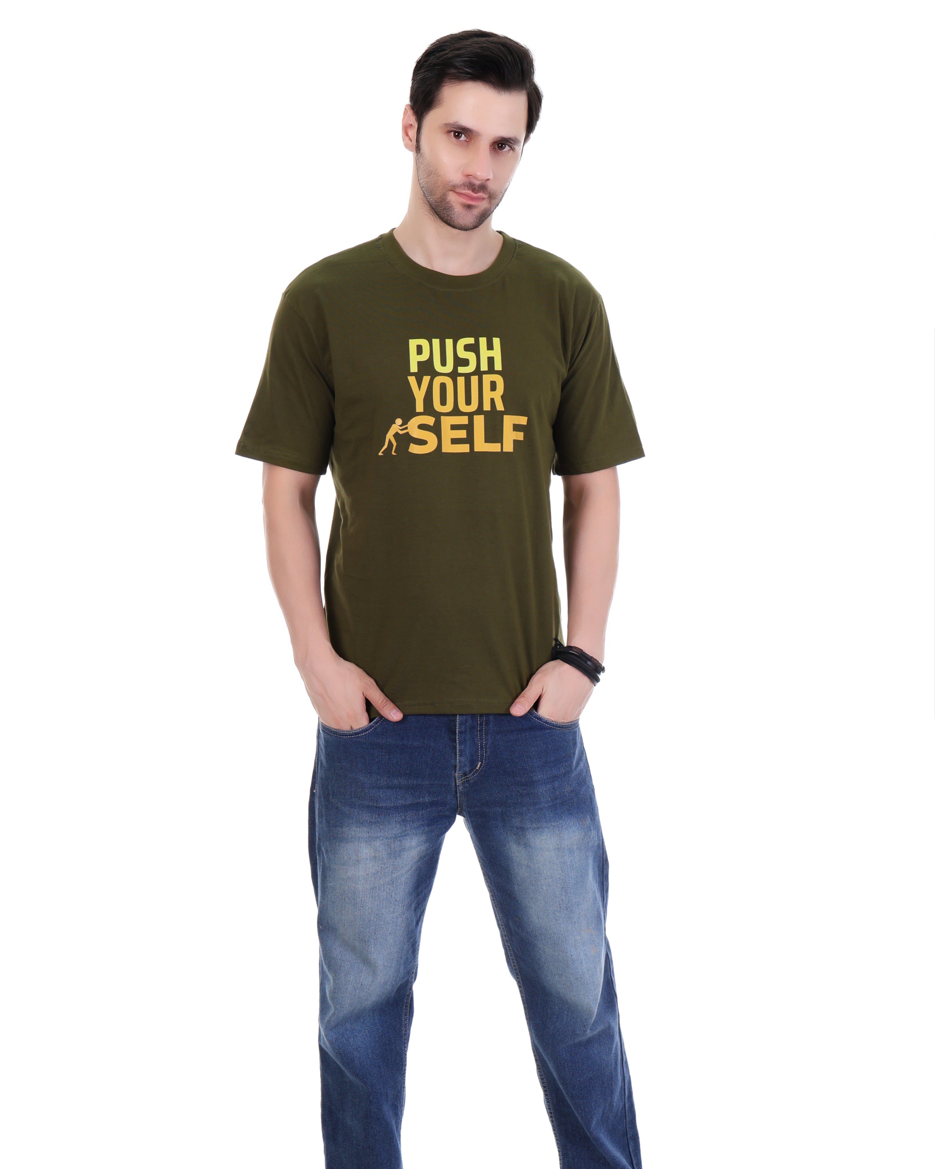 Men's Motivational Graphic T-Shirt – "Push Yourself" Slogan (Olive Green)